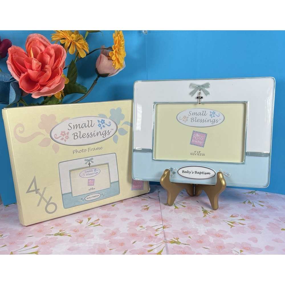 Russ Baby's Baptism Small Blessings Blue Baby Ceramic Photo Frame 4x6 New in Box